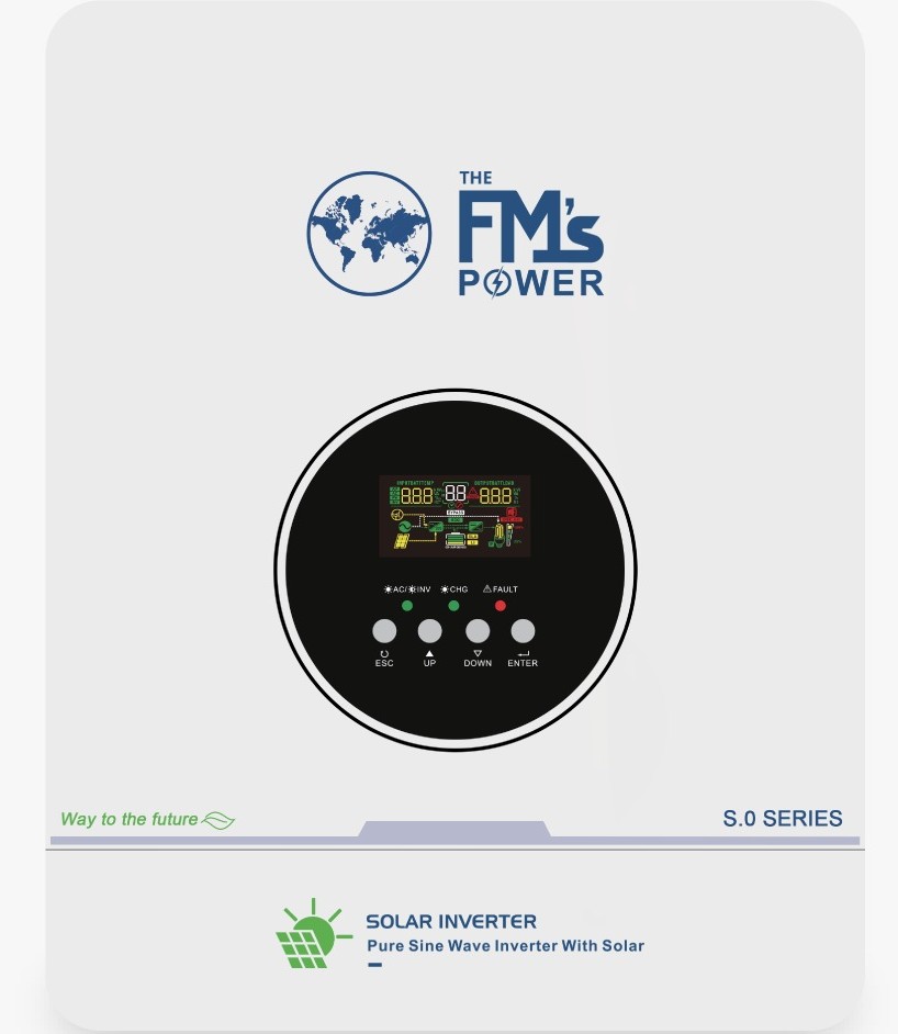 Premium solar inverter in silver casing with digital display showing energy metrics